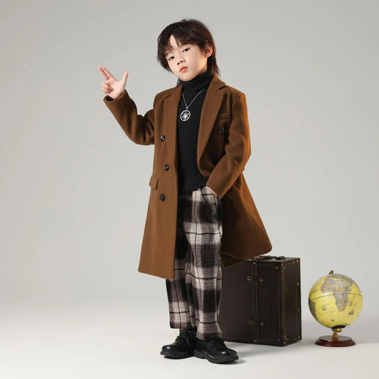 New Autumn Boys' Double-breasted Wool Coat Children's Long Fashion Windbreaker Kids Tops