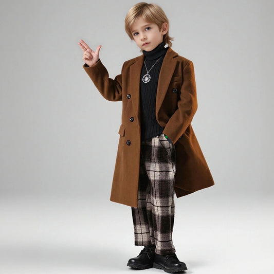 Boys Winter Warm Thick Woolen Overcoat Double Breasted Mid Length Brown Trench Coat Elegant Casual Kids Outerwear Long Jacket