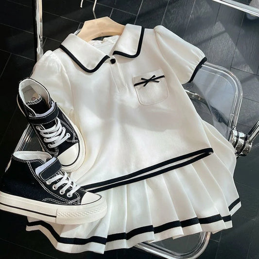 New Girls Skirt Sets Summer Children T-Shirt Suits Kids Short Sleeves 2Pcs Teen Fashion Sweet JK Outfits 5-14 Years